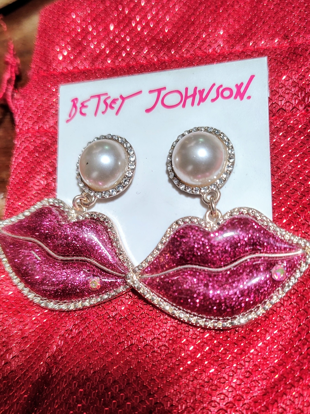 Betsey Johnson Pink Glitter Lip Drop Earrings